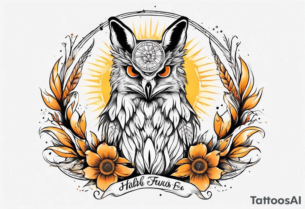 halb 
Fuchs halb Eule unter der Sonne mit dem Schriftzug Sapere Aude tattoo idea