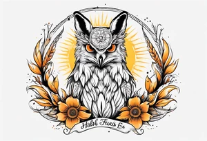 halb 
Fuchs halb Eule unter der Sonne mit dem Schriftzug Sapere Aude tattoo idea