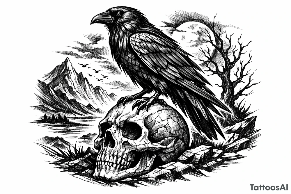 a raven standing on a skull, landscape. tattoo idea