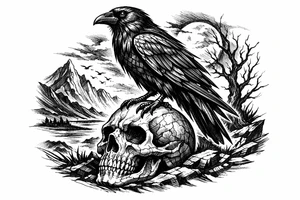 a raven standing on a skull, landscape. tattoo idea