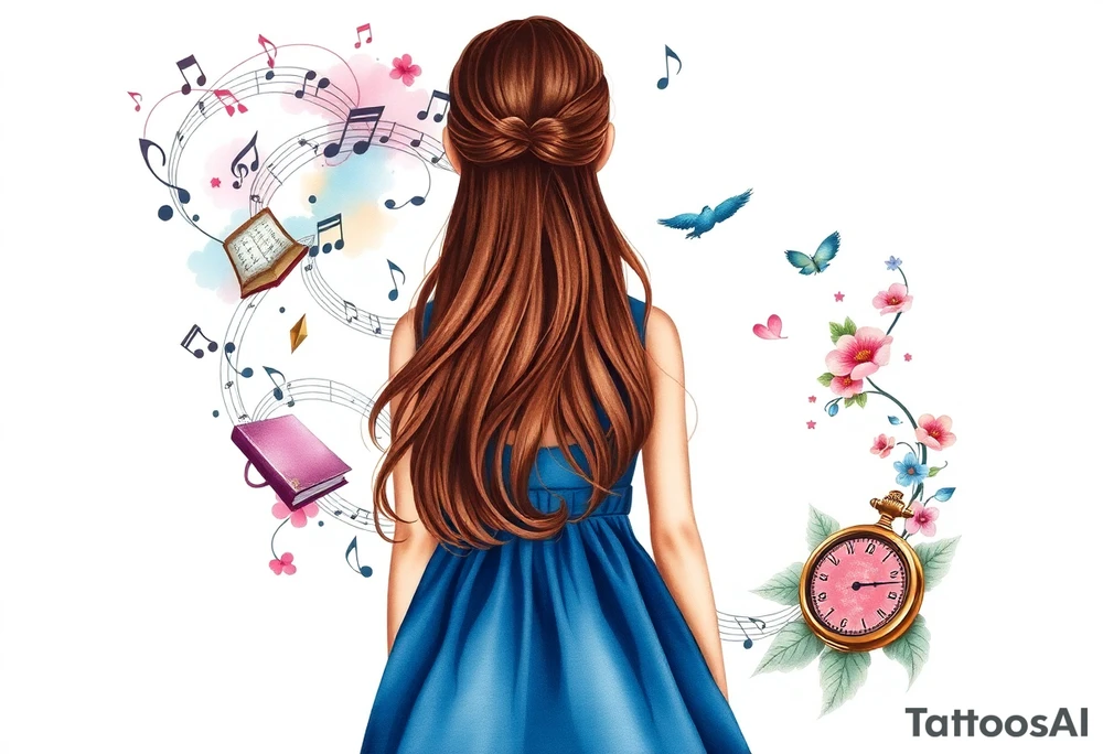 Back view of the silhouette of a brown hair girl in a blue dress. She is following a magical colorful swirl of music notes, books, and flowers. A pocket watch is at the end of the swirl. tattoo idea