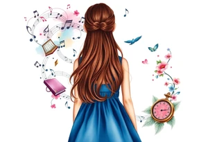 Back view of the silhouette of a brown hair girl in a blue dress. She is following a magical colorful swirl of music notes, books, and flowers. A pocket watch is at the end of the swirl. tattoo idea