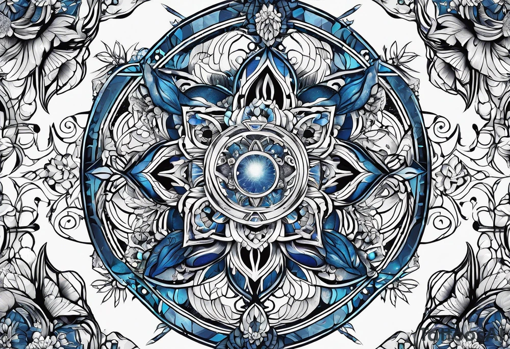 Linear bionic metatron , with abstract floral patern in blue brushed design tattoo idea