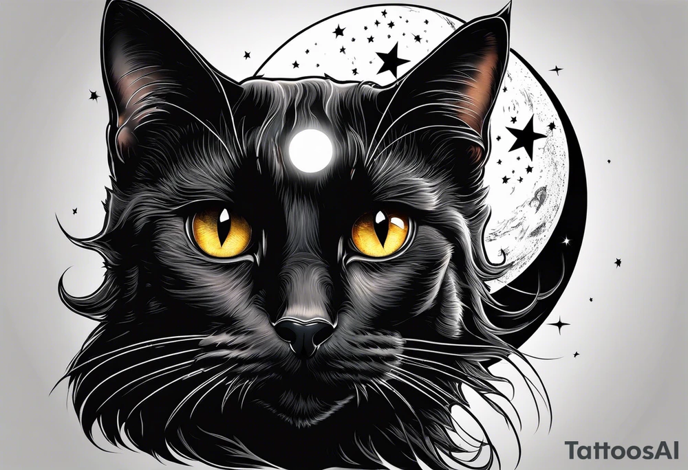 Photo realistic black cat head with moon and stars tattoo idea