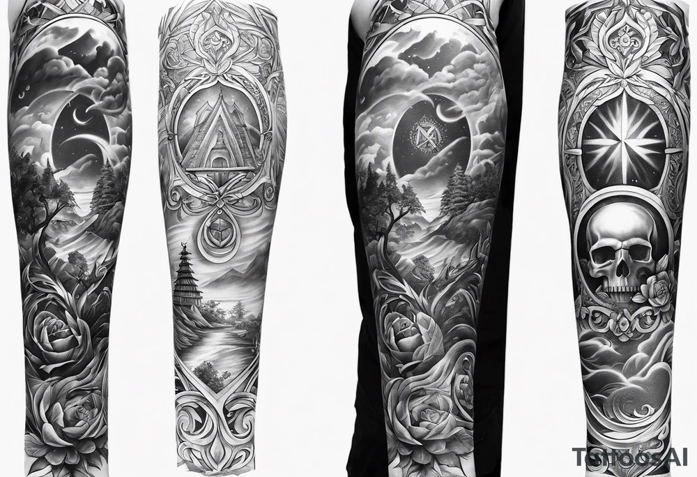 religious arm sleeve tattoo idea