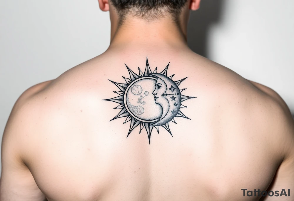 celestial sun and moon embrace with constellation patterns tattoo idea