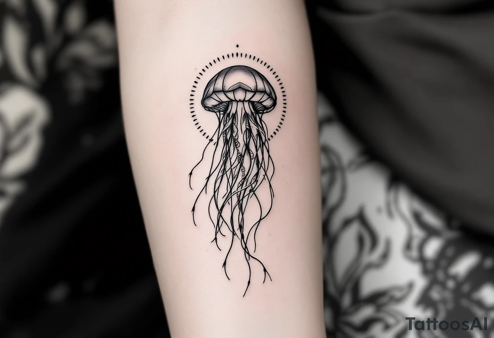 fine-line tattoo, single jellyfish, sacred geometry surround, dotwork patterns, jellyfish bell dome, flowing tentacles, trailing streamers, geometric mandala, radiating dotwork, minimalist design, black grey lines, soft shading, no outlines, geometric frame, organic jellyfish form, upper arm shoulder placement, light airy feel, delicate linework, geometric backdrop, refined elements, clean lines, radiating patterns, jellyfish centerpiece tattoo idea