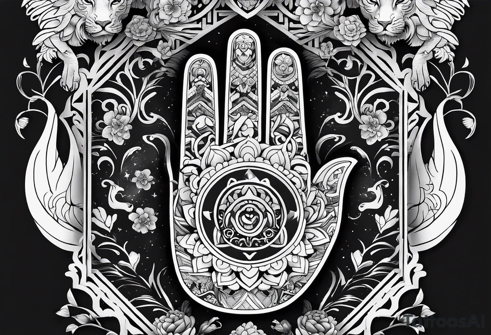 Japanese traditional style black and white Hamsa with tiger and crane tattoo idea