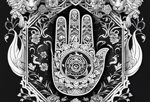 Japanese traditional style black and white Hamsa with tiger and crane tattoo idea