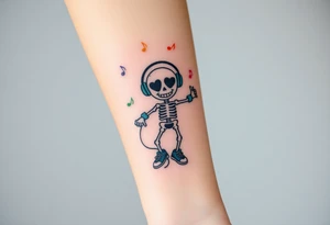 Cute smiley skeleton with heart shape eyes  jumping on a jump rope with both hands blue headphones blue armbands blue sneakers and colorful  music notes around his head tattoo idea