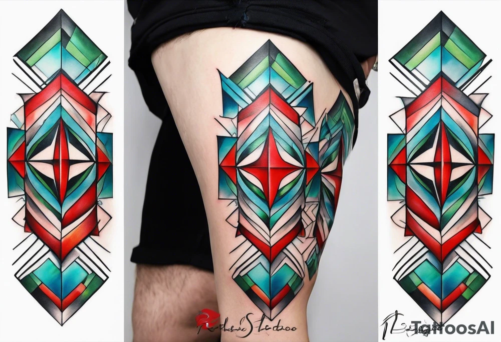 geometric style tattoo on knee with baby blue, red, and green accents. steel helical pier tattoo idea