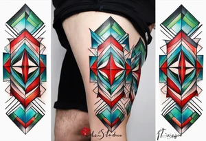 geometric style tattoo on knee with baby blue, red, and green accents. steel helical pier tattoo idea