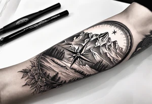 compass sleeve with grand Tetons in the middle tattoo idea