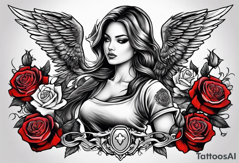 Beautiful woman angle with wings holding a AK 47 surrounded by roses tattoo idea