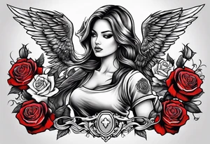Beautiful woman angle with wings holding a AK 47 surrounded by roses tattoo idea