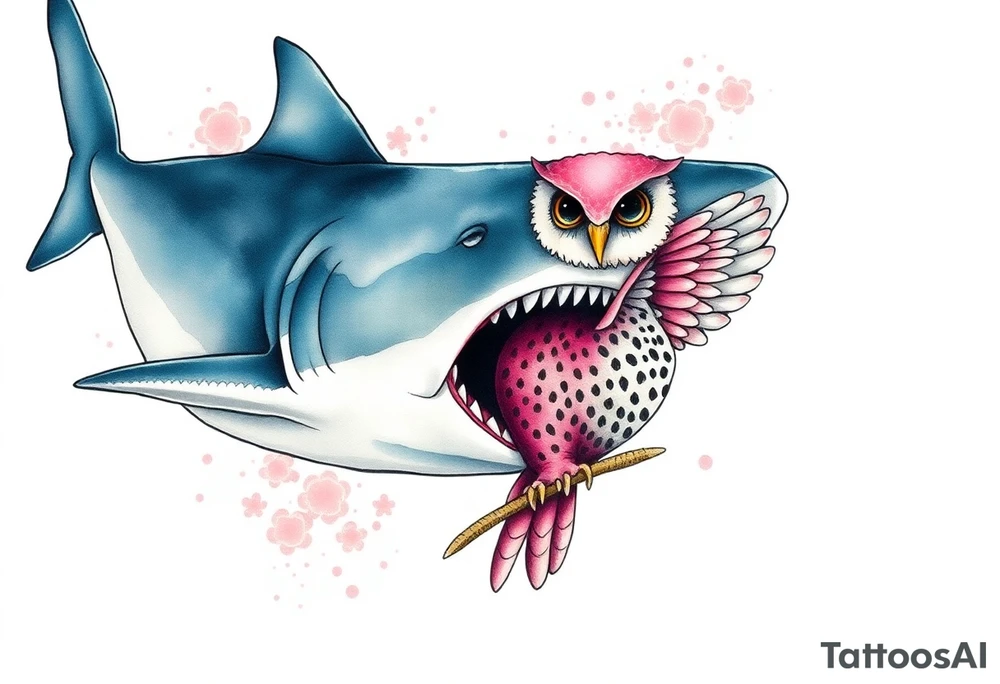 Hammerhead shark eating a pink owl tattoo idea
