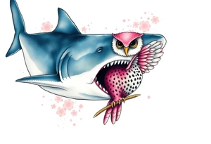 Hammerhead shark eating a pink owl tattoo idea
