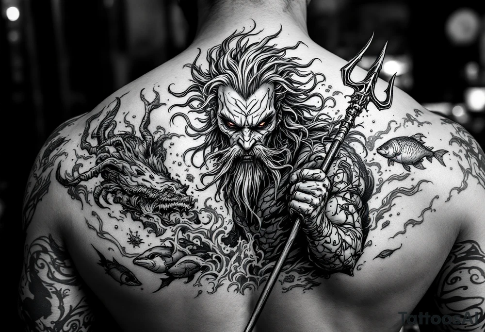 powerful poseidon with trident, surrounded by water and sealife tattoo idea