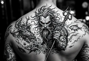 powerful poseidon with trident, surrounded by water and sealife tattoo idea