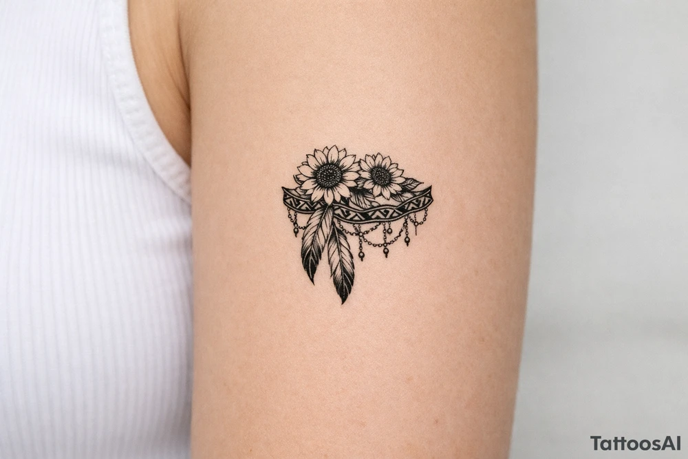 sunflowers with feathers and female Indian tribal ribbon cascading upper arm tattoo idea