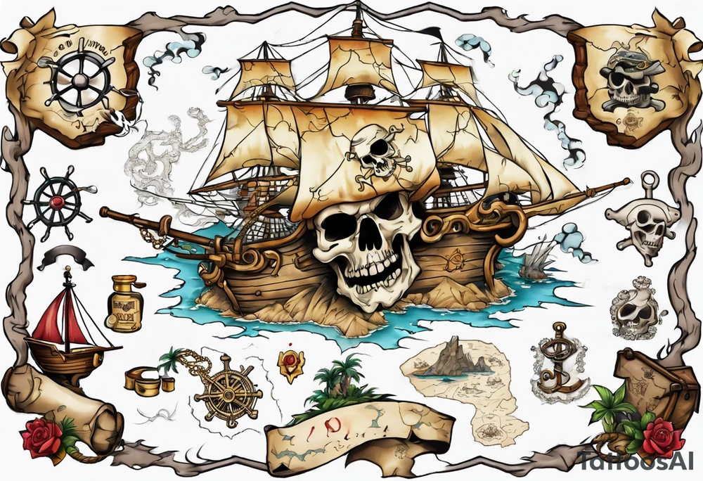 a back tattoo of a pirate treasure map with an island shaped like a big skull with clues to different areas of treasure tattoo idea