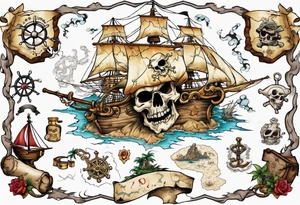 a back tattoo of a pirate treasure map with an island shaped like a big skull with clues to different areas of treasure tattoo idea