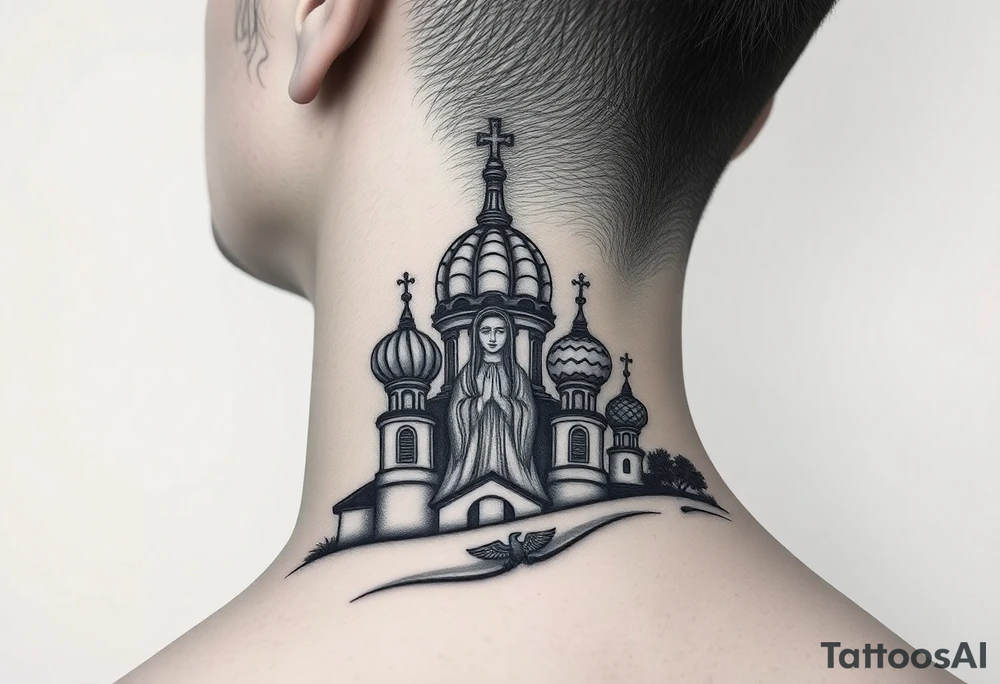 Flowing Scene

A onion domes orthodox church
Virgin Mary in prayer pose wrapping around the lower neck curve
A small double headed russian coat of arms eagle or just the star tucked above the dome near the hairline tattoo idea