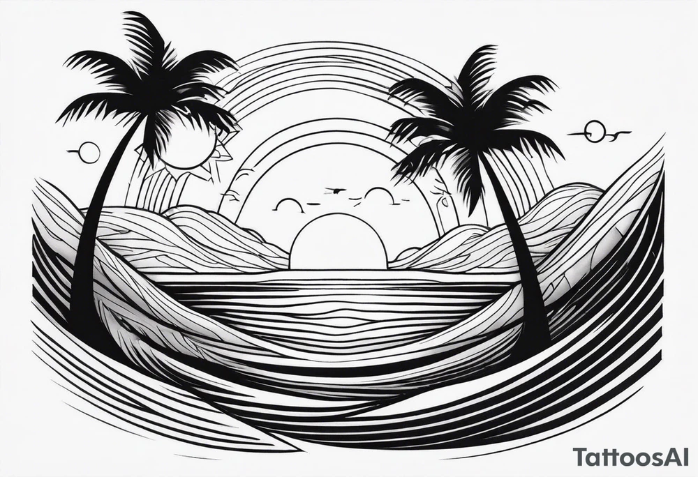 palm tree front of a sun and waves tattoo idea