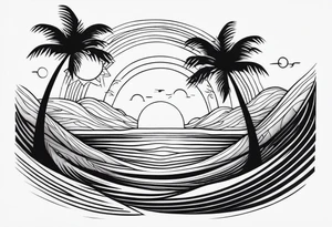 palm tree front of a sun and waves tattoo idea