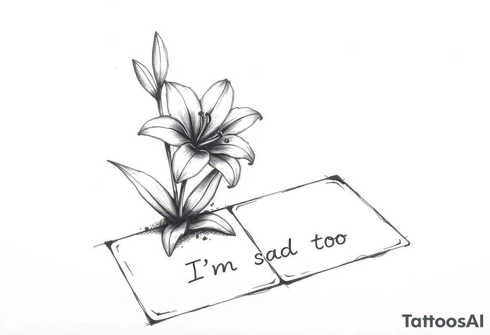 Lily growing out of tile floor with the words I’m sad too written small in the grout between two tiles tattoo idea