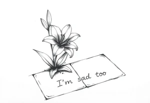 Lily growing out of tile floor with the words I’m sad too written small in the grout between two tiles tattoo idea