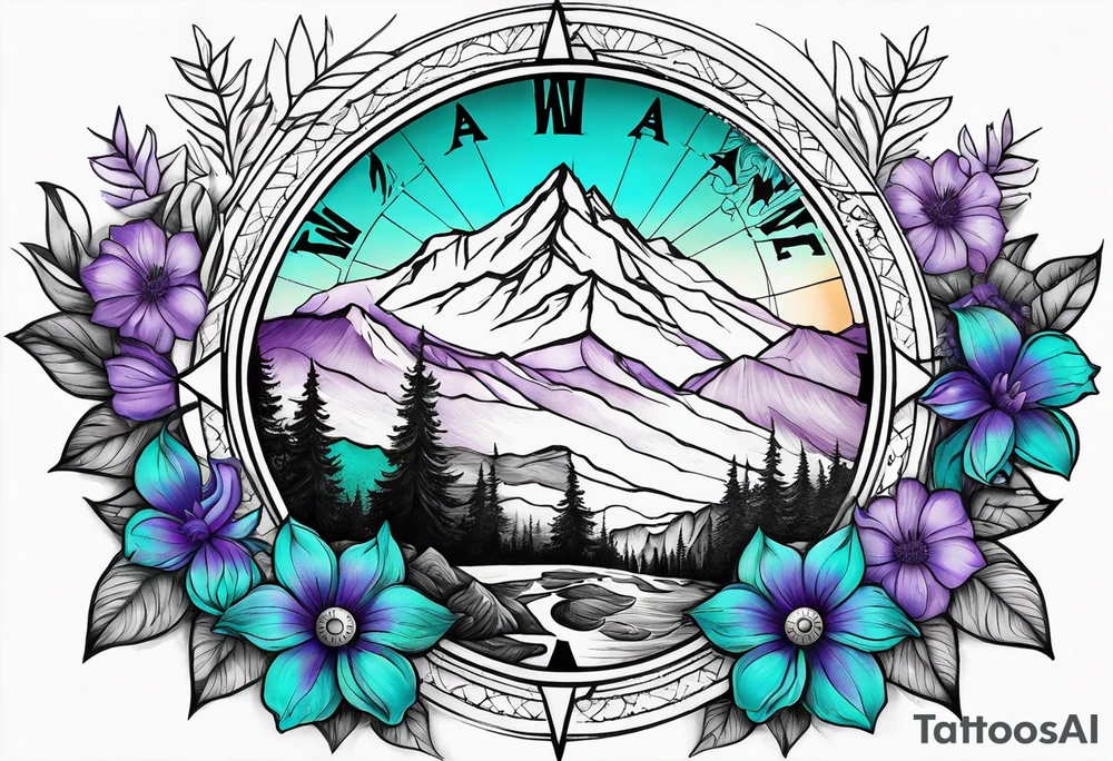 Compass rose rising like a sunrise behind a mountain. In front of the mountain, there are teal and purple flowers. Tattoo is half sleeve on the shoulder tattoo idea