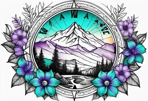 Compass rose rising like a sunrise behind a mountain. In front of the mountain, there are teal and purple flowers. Tattoo is half sleeve on the shoulder tattoo idea