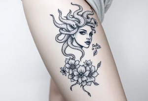 medusa  with snakes coming out of her head with flowers and a quote tattoo idea