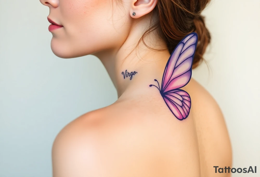 A dreamy portrait of a woman with delicate butterfly wings, in soft lavender, pink, and pearl white hue with the word Virgo above her head tattoo idea