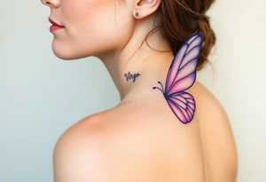 A dreamy portrait of a woman with delicate butterfly wings, in soft lavender, pink, and pearl white hue with the word Virgo above her head tattoo idea