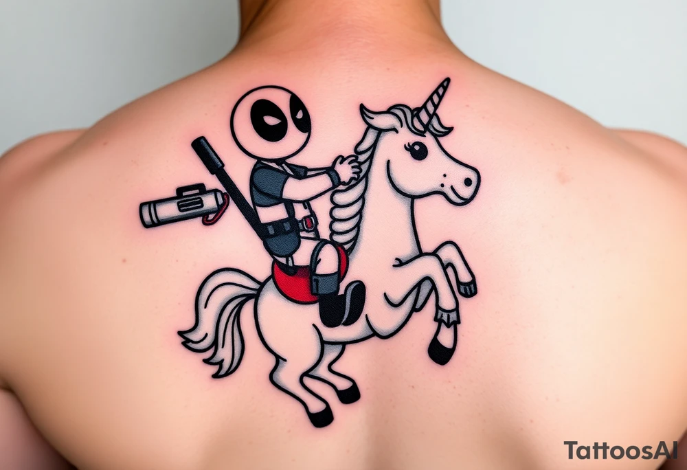 Deadpool riding cartoon unicorn holding rocket propelled grenade launcher tattoo idea