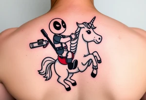 Deadpool riding cartoon unicorn holding rocket propelled grenade launcher tattoo idea