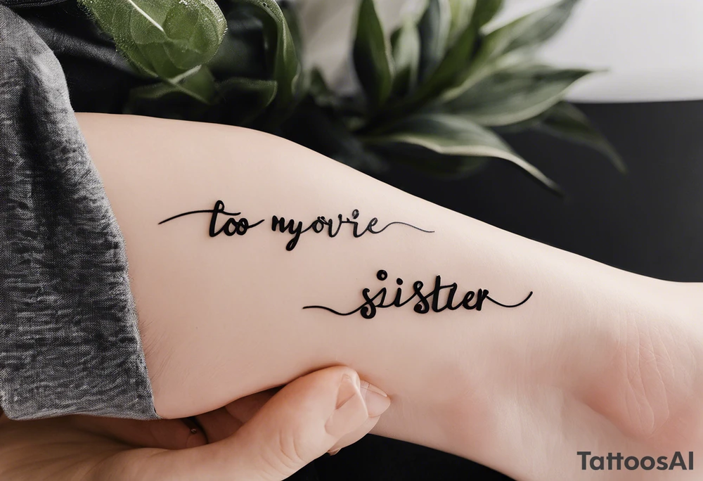 The handwritten words "to my favorite sister" written in a simple way with a delicate, fine line tattoo. Include a small puzzle piece. located on a ankle tattoo idea