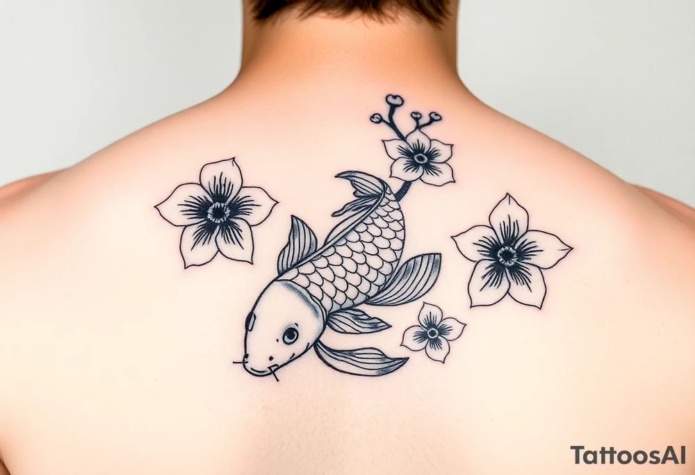 2004 in bold with small koi fish and Japanese blossoms tattoo idea