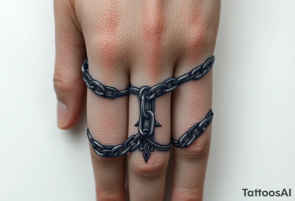 Chains intertwined around fingers going up to the thumb and index finger and connecting tattoo idea