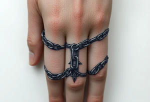 Chains intertwined around fingers going up to the thumb and index finger and connecting tattoo idea