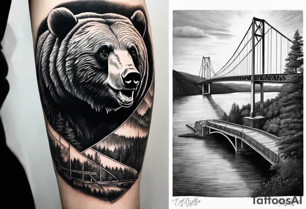 Large thigh tattoo, realism, black and white, black bear with the new river gorge bridge in the background tattoo idea