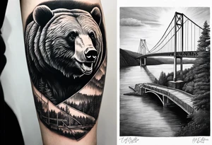 Large thigh tattoo, realism, black and white, black bear with the new river gorge bridge in the background tattoo idea