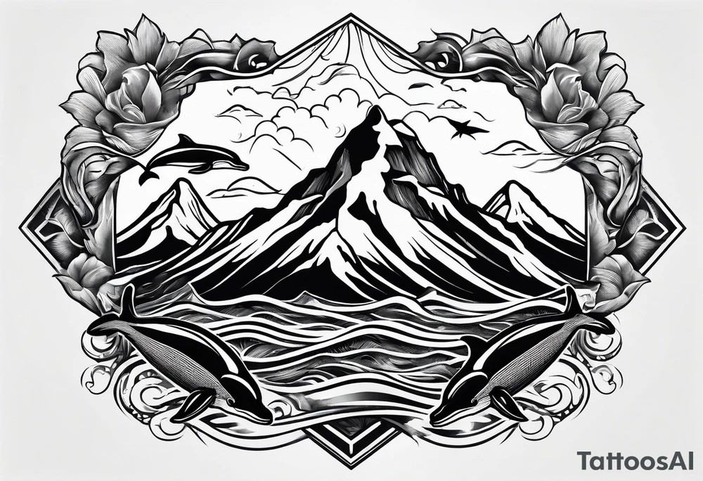 Mountains and dolphin in 
ocean 
crashing diamond shape tattoo idea