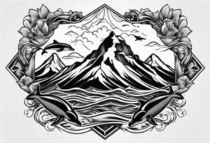 Mountains and dolphin in 
ocean 
crashing diamond shape tattoo idea