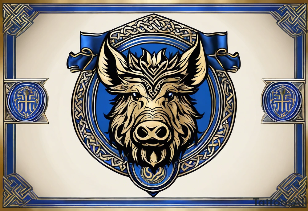 A classic tribal Celtic boar Integrated with a Chatwin, family crest and a Thistle. Simple with few lines. Blue and gold Chevron Chatwin family crest With the name, Chatwin and a Thistle tattoo idea