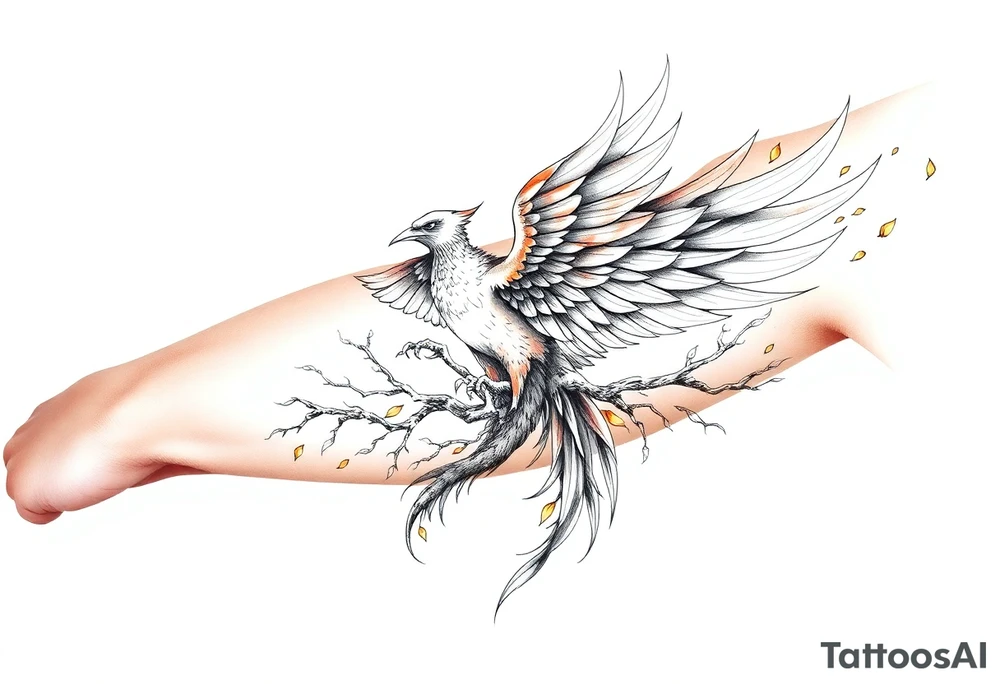 Powerful Phoenix feminine energy flames from within taking flight from tree of life tattoo idea