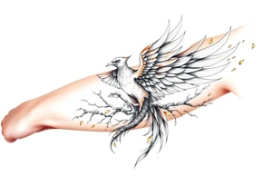 Powerful Phoenix feminine energy flames from within taking flight from tree of life tattoo idea