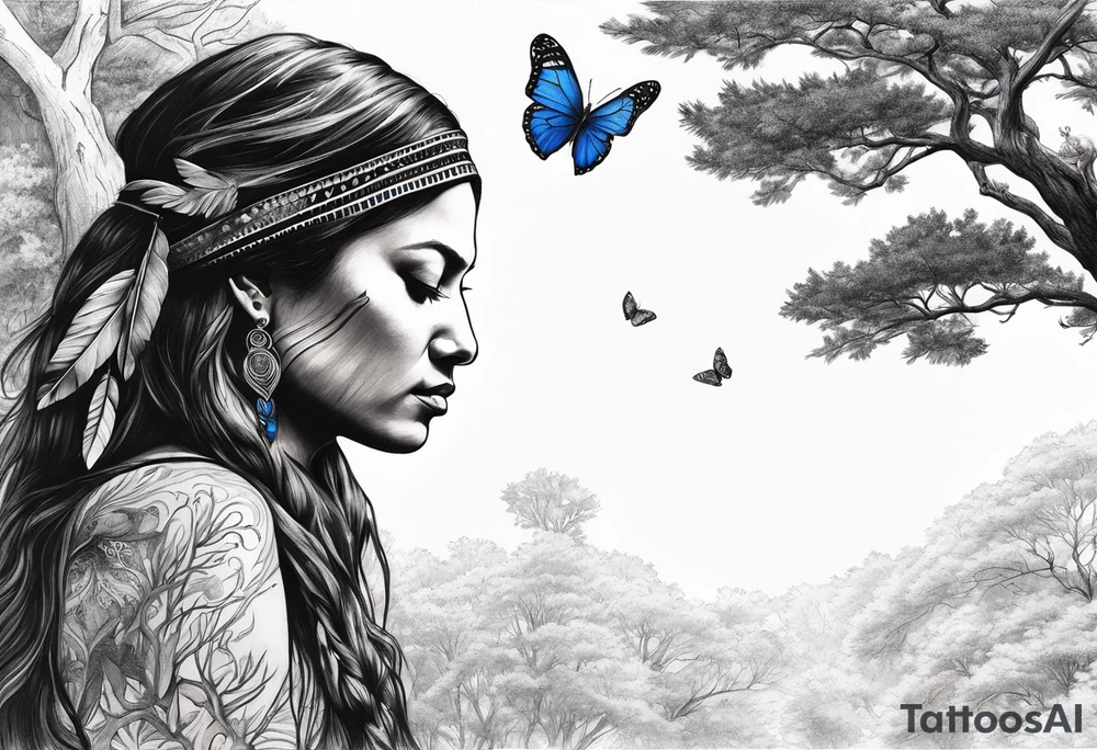 Tree with upper left branches forming a native American woman's face as she looks down onto the trees base and a lonely woman kneels there with 1 blue butterfly tattoo idea